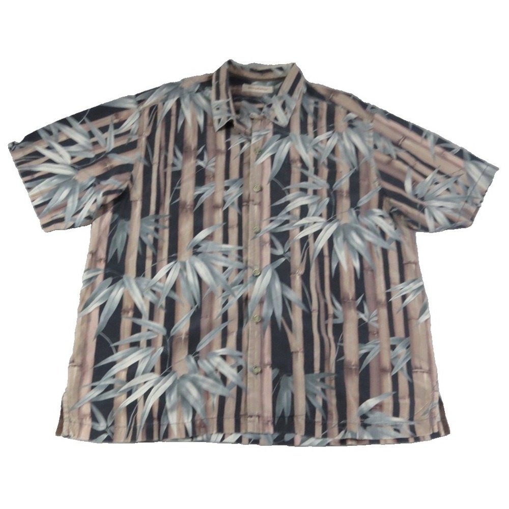 Tommy Bahama Shirt XL Mens Silk Bamboo Palm Tree Leaf Stripe Gray Brown Hawaiian